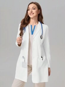 TaskEZ Women's V-Neck Long Sleeve Double Pocket Long White Coat Nurse/Doctor Work Uniform Autumn And Winter Ladies Outerwear, Health Check Surgical Gown Uniforms Women Solid Color Pet Grooming Work Uniform Tops Nutritionist Work Clothes Short Sleeve Laboratory Work Clothes, Multi-Pocket Functional Work Clothes, Functional Women's Clothing Can Be Worn On Christmas, Women's Fashion Coat, Front Placket Button Design Fashionable And Easy To Put On And Take Off
