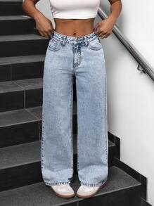 SHEIN PETITE 女士时尚百搭水洗斜口袋宽松阔腿宽松男友风牛仔裤