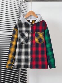SHEIN Tween Boys Plaid Print Colorblock Hooded Shirt Without Tee
