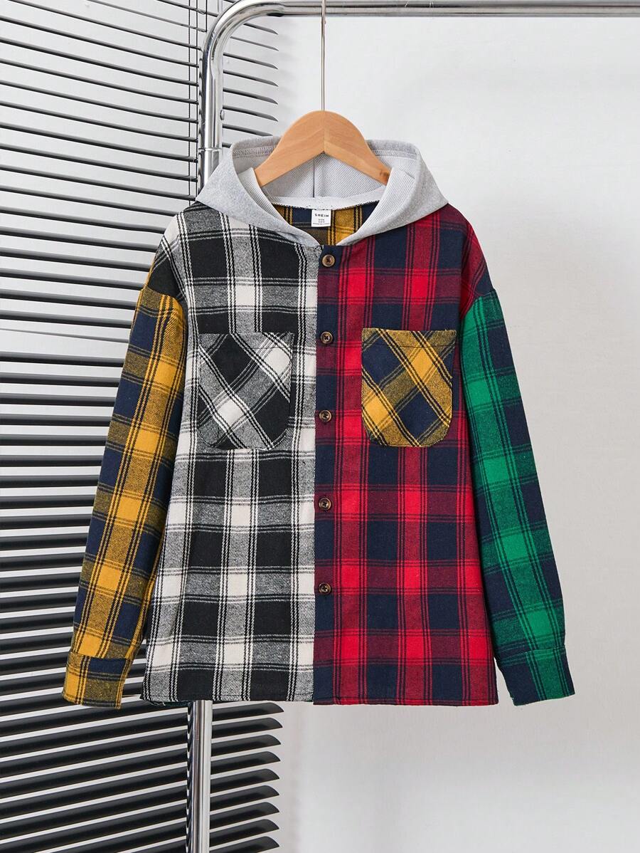SHEIN Tween Boys Plaid Print Colorblock Hooded Shirt Without Tee
