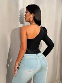 VaVaBold 奢华优雅PU皮革羊腿袖不对称肩部女士上衣性感长袖上衣冬季上衣 - 黑色 - 查看 2