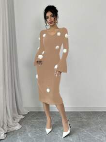 Elenzga Damen 3D Blumendekoration V-Ausschnitt Langarm figurbetonte elegante Pulloverkleid, Herbst/Winter - Kamelfarben - Übersicht 3