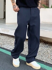 Manfinity Homme Quần âu nam đơn sắc có túi khóa kéo thường ngày phù hợp mọi phong cách - Màu xanh hải quân - Xem 1