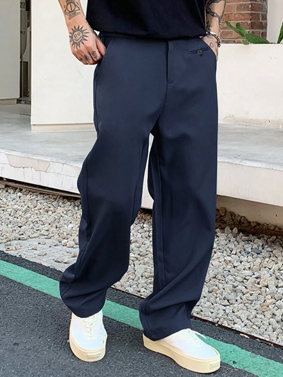 Manfinity Homme Quần âu nam đơn sắc có túi khóa kéo thường ngày phù hợp mọi phong cách - Màu xanh hải quân - Xem 1