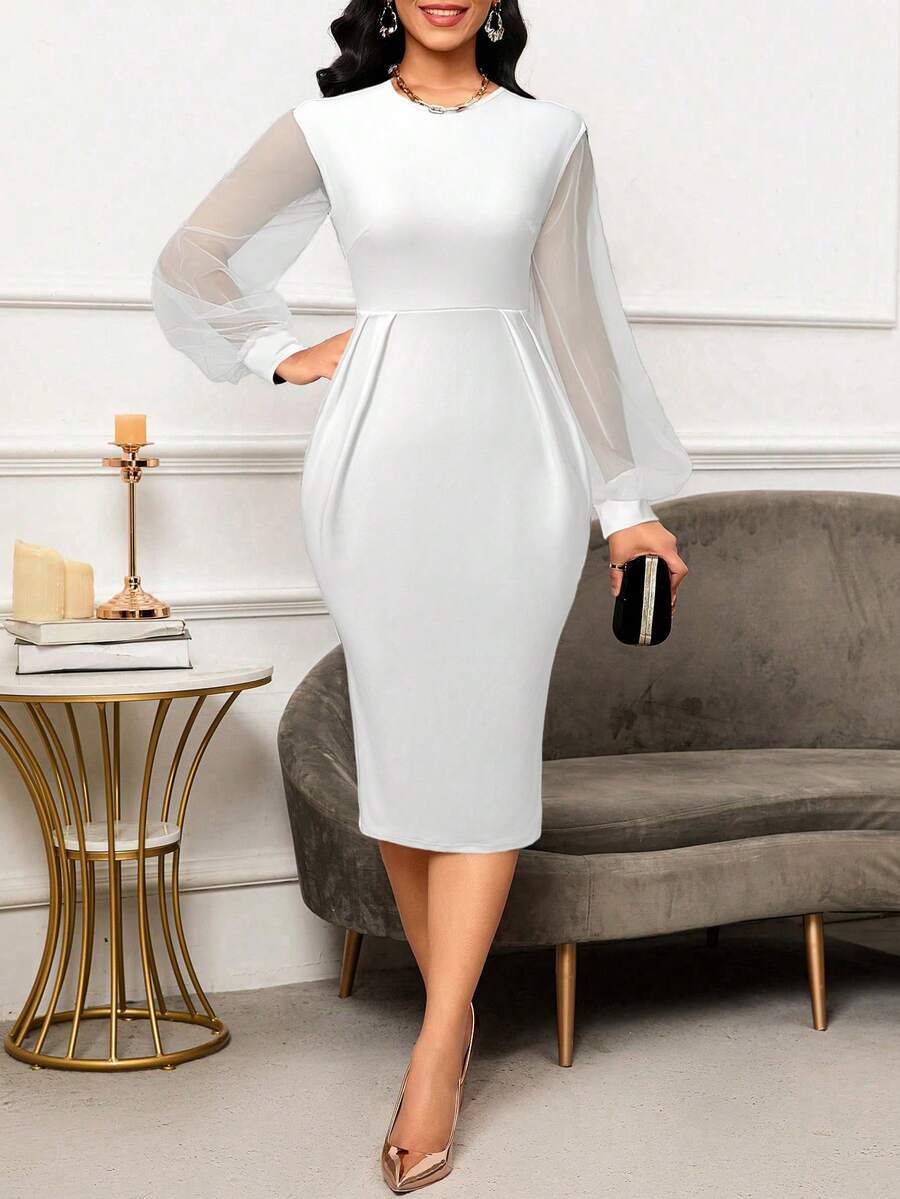 SHEIN Lady Đầm công sở thanh lịch tay đèn lồng lưới tương phản xẻ lưng ôm sát không thắt lưng - trắng - Xem 1