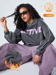 SHEIN Sports Farbblock Buchstaben Muster Thermisch gefütterte Sport Sweatshirt - Dunkelgrau - Übersicht 1