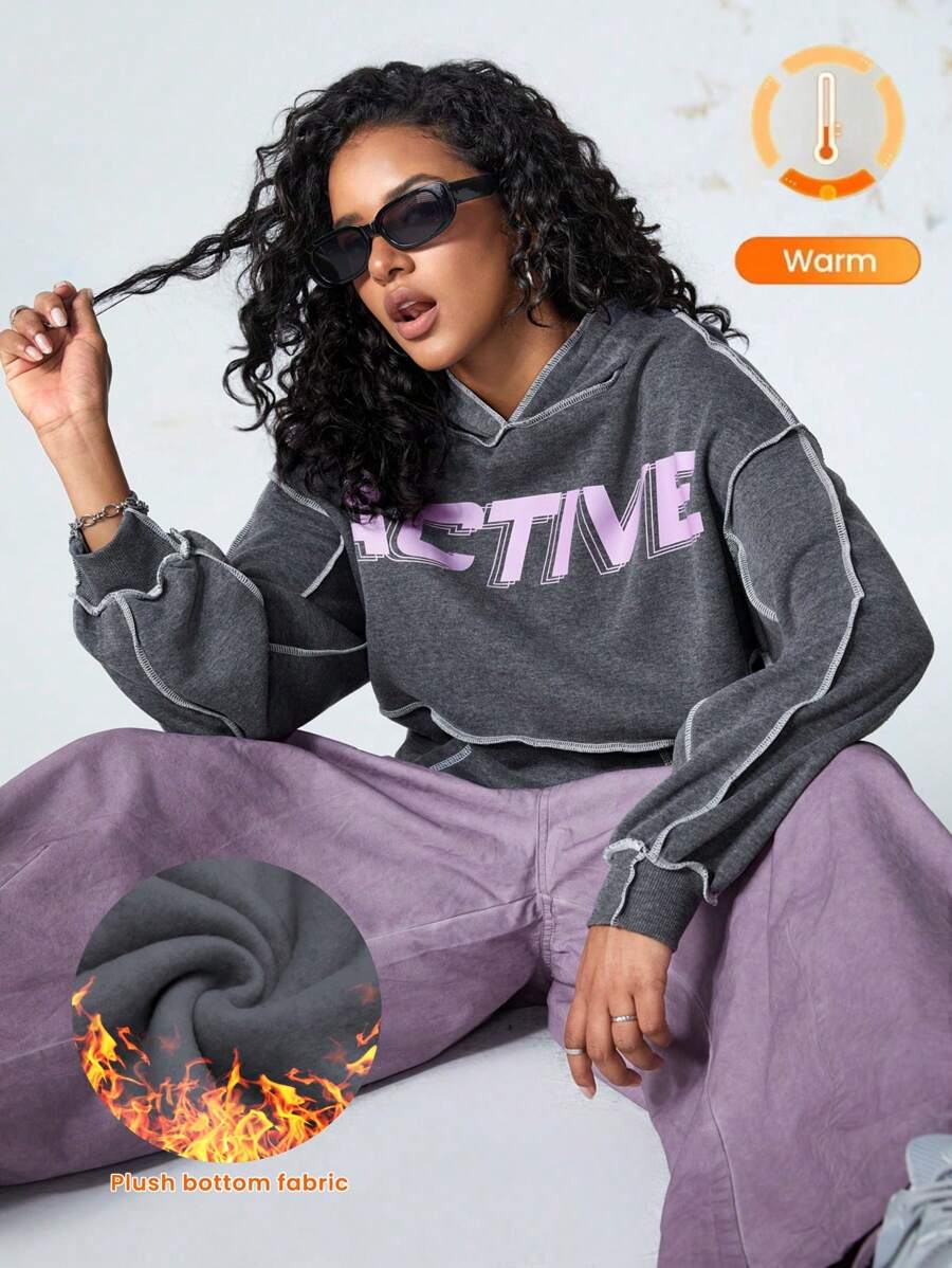 SHEIN Sports Farbblock Buchstaben Muster Thermisch gefütterte Sport Sweatshirt - Dunkelgrau - Übersicht 1