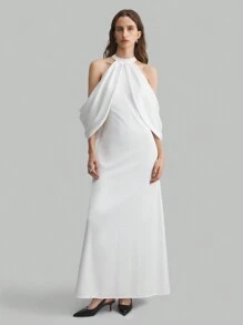 Ontre Women's Elegant Cold Shoulder Halter White Dress, Fashionable Party Wear, Must-Have For Spring/Summer - White - View 5