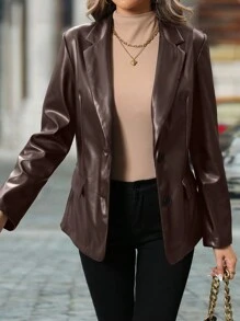 SHEIN Clasi Áo khoác da PU dài tay đơn sắc cài nút cho nữ - màu nâu - Xem 5