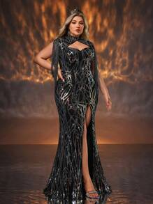 Glamrae Plus Size Black Sexy Sparkling Sequins Hollow Out Neck Fringe High Slit Elegant Formal Gown For Evening Party, Wedding Guest Dress