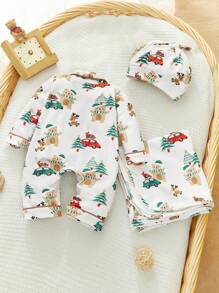 3pcs/Set Newborn Baby Boy Christmas Pattern Lapel Long Sleeve Jumpsuit, Hat Blanket - Multicolor - View 2
