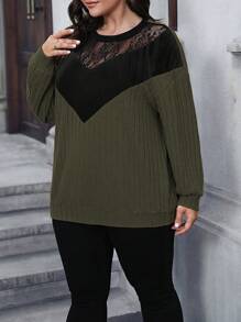 Easura Plus Size Lace Patchwork Color Block Drop Shoulder Sweatshirt, For Thanksgiving Graduation,Back To School Outfits,Graduation,Teacher Outfits For Women,Back To School Pullover Fall Outfit Winter Autumn