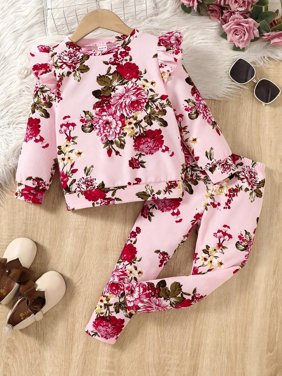 SHEIN Leap Crew Young Girl's Casual Floral Knitted Color Block 2 Pieces Set, Autumn/Winter - Pink - View 1