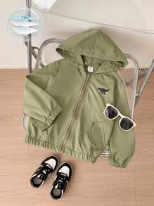 SHEIN Chàng trai trẻ In Khủng long Dây kéo áo có mũ Áo khoác Without Tee - xanh quân đội - Xem 1