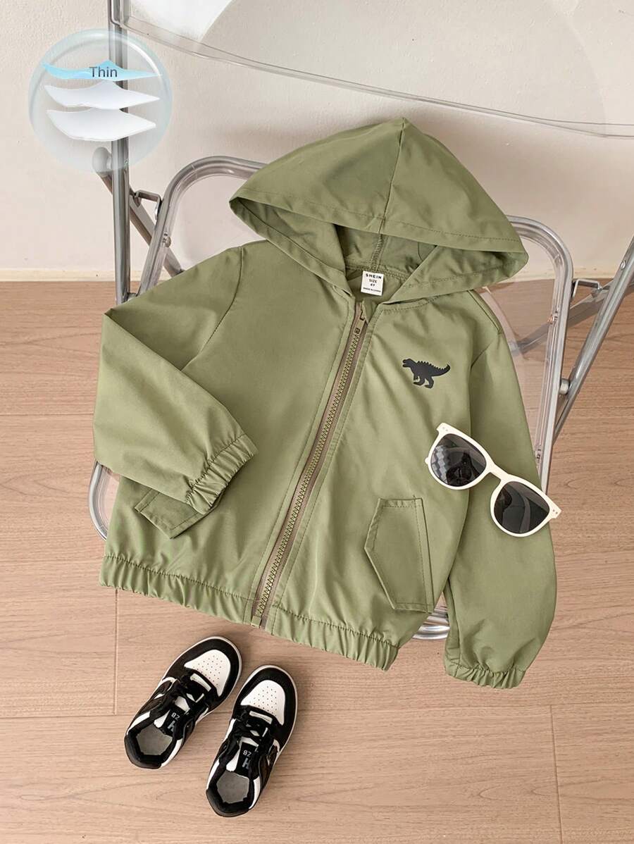 SHEIN Chàng trai trẻ In Khủng long Dây kéo áo có mũ Áo khoác Without Tee - xanh quân đội - Xem 1