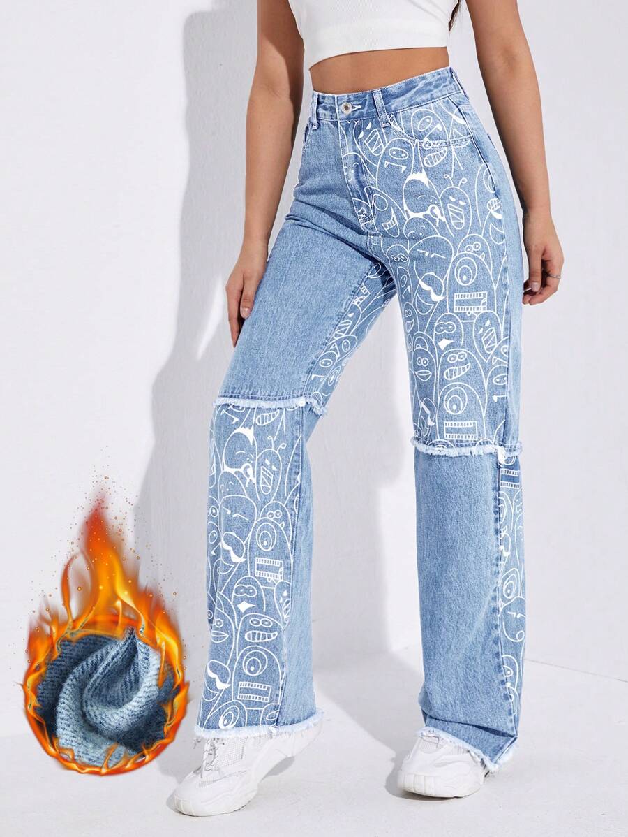 SHEIN EZwear Quần Jeans Ống Thẳng Tua Rua Họa Tiết Hoạt Hình Giặt Thường Ngày Chất Liệu Denim Dày - Rửa nhẹ - Xem 1