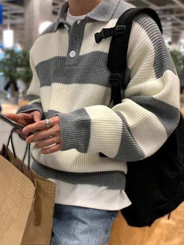 Manfinity Hypemode Men's Button-Up Front Long Sleeve Stripe Minimalist Casual Color Block Urban Sweater, For Friends