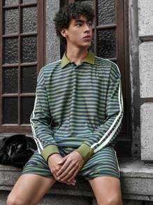 Manfinity VCAY Bộ 2 áo thun polo dệt kim dài tay kẻ sọc đơn giản cho nam và quần short cạp chun - màu xanh lá - Xem 1