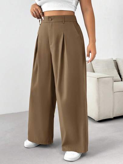 SHEIN EZwear Plus Size Women Plain Pleated Loose Wide Leg Casual Pants Graduation, Back To School, Teacher Outfits For Women In Fall/Winter