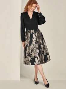 SHEIN Clasi Women Casual Elegant V-Neck Solid Color Patchwork Hemline Jacquard Plus Size Knee-Length Dress, Autumn - Black - View 5