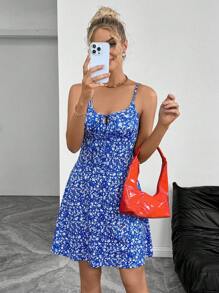 Breezaya 女式细肩带前系带花卉印花简约短款休闲连衣裙