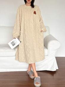 DAZY Textured Pattern Flannel Thick Cute Bear Embroidered Loose Pullover House Dress, Winter - Khaki - View 6
