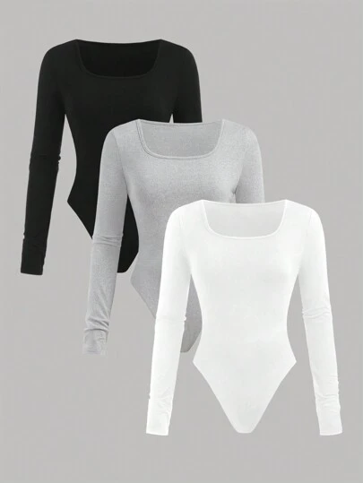 SHEIN Girlism Teen Girls 3pcs/Set Black White Gray Square Collar Knit Solid Color Long Sleeve Snap Front Jumpsuit Romper Outfit, Buy 1 Get 2 Free