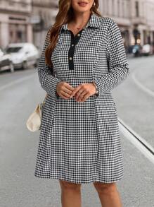 EMERY ROSE Große Größen vintage Hahnentrittmuster Knopfverschluss Halbkrempelkragen Kleid, Herbst - Schwarz und Weiss - Übersicht 4