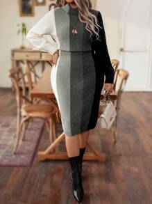 Calvaya Plus Size Herfst/Winter Casual Color Blocking Gestreepte Bodycon Sweaterjurk