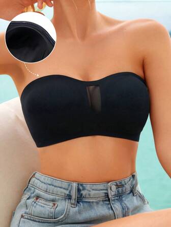 素色網紗拼接抹胸胸罩