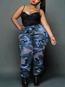 Plus Size Women Casual Versatile Camouflage Pocket Cargo Pants - Màu xanh lam - Xem 3