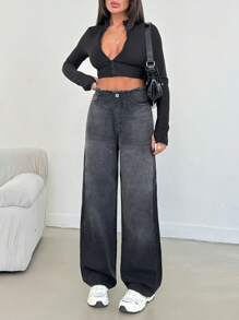 EURMUSE HIGH RISE STRAIGHT CUT RAW BELT JEAN - Dark Grey - View 5