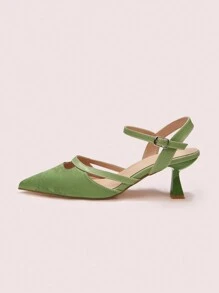 CUCCOO DOLLMOD Oriental Style Retro Floral Graphic Hollow Design Women's Pointed Toe Stiletto Heel Mid-Heel Pumps, Elegant Commuter Classic Vintage Personalized Green Satin Faux Leather, Suitable For Office, Dating, Formal Occasions, Banquet For Christmas And New Year Holiday Vibe Fall And Winter - Green - View 2