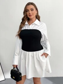 SHEIN Essnce Plus-Size Women's Shirt Dress, 2 In 1 Dress, Black And White Dress, Casual Long-Sleeved Shirt Dress, Fall Dress Fall Women Dresses,Turtleneck Long Sleeve - White - View 5