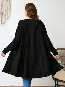 SHEIN LUNE Plus Size Plain Color Ribbed Knit Coat For Spring And Autumn Winter Clothes New Year Winter Clothes For Women Fall - Black - View 2