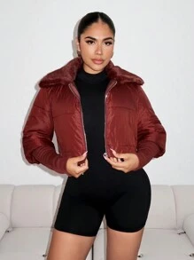 Zolique Women's Casual Warm Zip-Up Short Padded Padded Coat, Autumn/Winter Clothes Fall Cloth For Women - Brown - View 1