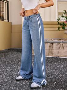 SHEIN Tall Women's Side Stripe Straight Loose Casual Jeans Y2K Webbing Bow - Medium Wash - View 3