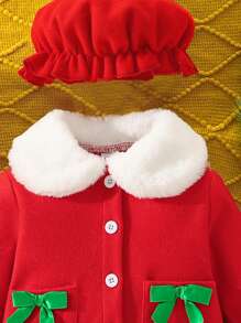 Conjunto de 3 piezas para niña: Chaqueta holgada casual, dulce y linda con cuello Peter Pan, diseño de lazo y contraste de color esponjoso, boina y minifalda, adecuado para uso diario, viajes, reuniones festivas, otoño/invierno, para Navidad