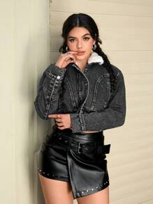 SHEIN EZwear 女士纯色蓬松领子拼布拉链圣诞节女士感恩节女士休闲长袖牛仔夹克 - 黑色 - 查看 7