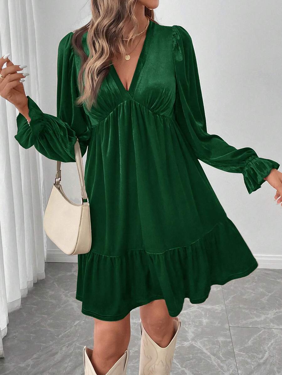 SHEIN LUNE New Years Outfit Green Velvet Dress Mini Dress, Christmas Party Dress For Women Holiday Women Outfits - Dark Green - View 1