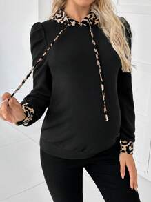 SHEIN Solid Color Block Leopard Print Drawstring Hooded Maternity Long Sleeve Sweatshirt, Minimalist And Comfortable, For Winter - Black - View 4