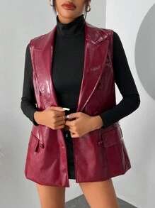 SHEIN SXY Chaleco de mujer de estilo vintage en PU rojo oscuro, para otoño/invierno