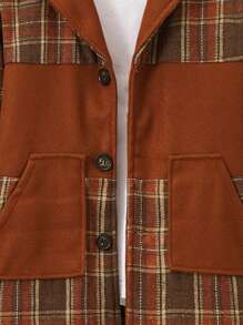 SHEIN Tween Boys' Solid & Plaid Splice Long Sleeve Woolen Coat