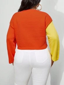 Maweii Plus Black Crew Neck Long Sleeve Contrast Color Star Pattern Cropped Sweater, Autumn/Winter Knit Pullover Fall - Orange - View 3