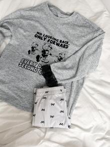 DAZY Cute Bear Cartoon Graphic Lace Patchwork Loose Blouse & Butterfly Print Form-Fitting Pajama Pants 2Pcs Sleepwear Set - Grey - View 1