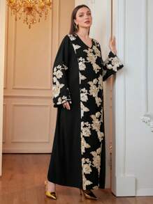 Al Najma 1 pieza Vestido elegante de manga larga estilo tunicJalabiya para mujer, con bordado de encaje elegante y modesto, para uso casual diario