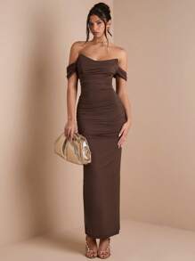 SHEIN BAE Solid Color Khaki Brown Ruched Wrap Dress With Sleeves, Suitable For Layering In Autumn/Winter, Cocktail Party, Romantic Date, Formal Gathering, Wedding Bridesmaid, Evening Out, Halloween, Christmas