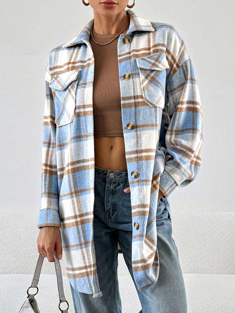 SHEIN Essnce 女士格子印花纽扣口袋休闲长袖常规夹克 - 淺藍色 - 查看 1