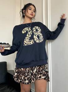 POPSWAY 2pcs/Set American Cool Girl Style Leopard Print & Digit Graphic Sweatshirt With Matching Leopard Skirt