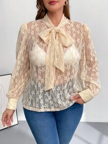 SHEIN Essnce Blusa de encaje talla grande para mujer, blusa sexy con moño, blusa linda para citas, camisa de manga larga con gráfico, blusas sexy de manga larga, disfraz de princesa para mujer - Albaricoque - Ver 3